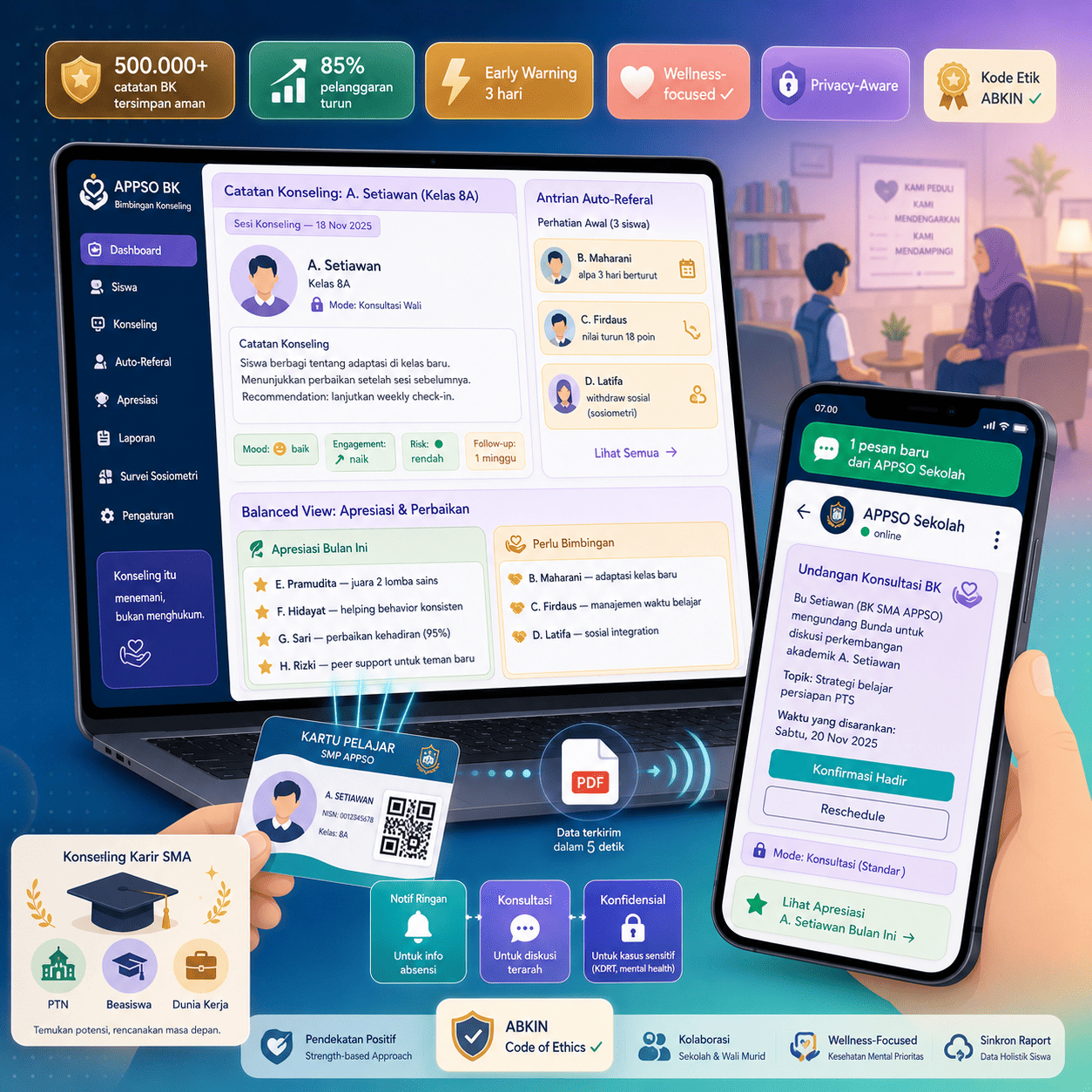 Aplikasi BK (Bimbingan Konseling) sekolah APPSO — catatan konseling, poin pelanggaran, & konseling karir