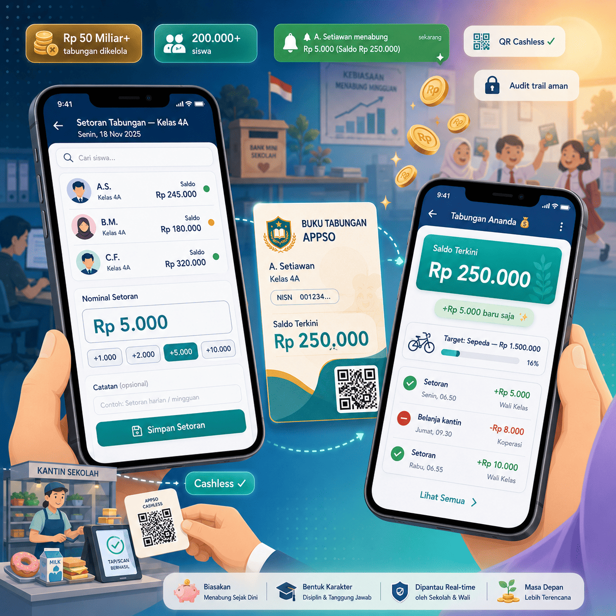 Aplikasi tabungan siswa & santri digital APPSO — kantin cashless QR & notif WA wali murid